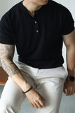 Riolio New Fashion American Style Men T-shirt Light Luxury Knitted Henry Collar Tees Casual Solid Color Short Sleeve Breathable Tops