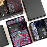 Riolio  Men Necktie Flower Pin Set With Box Luxury Necktie Handkerchief Brooch With Cufflinks Set Gift Box Wedding Men Suits Gravatas
