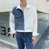 Riolio  Daily Streetwear Mens Denim Patchwork Shirt Clothes Fashion Turn-down Collar Long Sleeve Button Shirts For Men Fall Casual Tops
