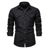Riolio  Spring Autumn Vintage Solid Men Washed Denim Shirt Causal Full Sleeve Turn Down Collar Single Breasted Multi Pockets Shirts Man