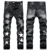 Riolio Slim Fit Elastic Black Cotton Embroidered Leather Label With Broken Hole Star Fashion Men's Jeans