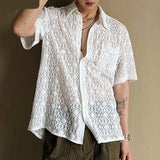 Riolio Men Shirt Lace Hollow Out Lapel Short Sleeve Men Clothing Summer Transparent Vacation 2024 Loose Streetwear Shirts S-5XL