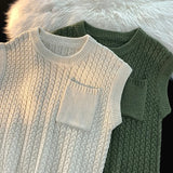 Riolio Sweater Vest Men Winter Students Knitwear Harajuku Round Neck Pockets Handsome Casual Streetwear Unisex Preppy Stylish Ins