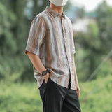 Riolio  Men's Vertical Striped Half Sleeve Shirt Casual Loose Button Down Linen Blended Shirts For Male