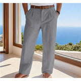 Riolio  Solid Color Pleated Linen Suit Pants For Men Elastic High Waist Straight Wide Leg Trousers Summer Office Casual Beach trousers