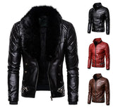 Riolio Red Men's Punk Removable Fur Collar Rivets Pressed Cotton Thick Windproof Motorcycle Leather Jacket Jacket