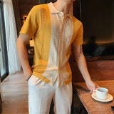 Riolio  Korean Summer Men Knitted Shirts Streetwear Fashion Male Clothes New Contrast Color Slim Fit Short Sleeve Business Casual Tops