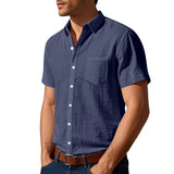 Riolio Summer New Solid Color Linen Men's Shirt Turn-down Collar Short Sleeve Men's Loose Casual Pocket Outdoor Vacation Shirt