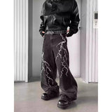 Riolio  American High Street Men and Women Trendy Hip Hop Personality Lightning Embroidered Jeans Couple Loose Retro Casual Pants y2k