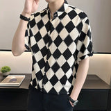 Riolio  High-end Diamond Plaid Shirt for Men's Short-sleeved Handsome New Ice Silk