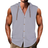 Riolio  Summer Men Casual 100% Cotton Shirts Turn-down Collar Male Solid Color Sleeveless Loose Drawstring Hoodie Shirts For Men's Tops