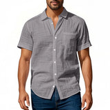 Riolio  Cross-border Men's Hawaiian Style Flax Casual Henry Neck Lapel Casual Short Sleeve Shirt