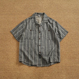 Riolio Retro high street lapel short-sleeved shirt men's cotton and linen blend dark pattern jacquard loose trendy summer shirt