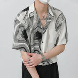 Riolio  New Korean Fashion Design Irregular Shirt Men Texture Pattern Loose Short Sleeve Summer Silky Drape Non-ironing Lapel Shirt