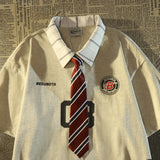 Riolio  American Sle  Tie Fake Two-Piece ort Sve T-irt Women Summer New Loose College Sle f Sve Top Cotton Printed