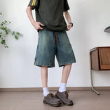 Riolio Mens Loose Fit Summer Denim Shorts Elastic Waist Washed Blue Side Personality Design Casual Comfortable Fashion Trendy Outdoor