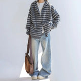 Riolio Korean retro high street striped men and women trendy personality hooded sweater couple hip-hop loose retro Harajuku casual top