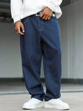 Riolio  Men's street fashion casual vertical stripe multi-pocket cargo blue jeans, with an overall design that balances between refined