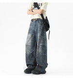 Riolio Men Unique Patchwork Washed Vintage Retro Loose Fit Baggy Jeans Fashion Denim Casual Street Style Distressed Trendy Comfort