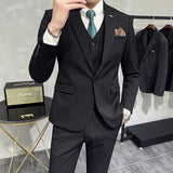 Riolio  ( Blazer+Vest+Pants ) Groom Wedding Male Suit Luxury Brand Fashion Striped Men's Casual Business Office Double Breasted Suit