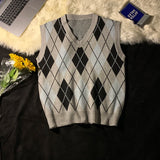 Riolio Spring Autumn Diamond Grid Candle Knitted Vest Men Women Loose Pullover Retro Outer Sleeveless Sweater Vest Aesthetic