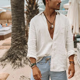 Riolio  Men's Spring Summer Lightweight Shirt Long Sleeve Simple Basic Style Shirts Turn-down Collar Single Breasted Beach Tops