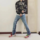 Riolio Patchwork Washed Wide Denim Jeans Y2k Street Wear Splicing Patches Damaged Flare Pants Jeans for Men