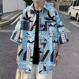 Riolio  New Men's Short-sleeved Anti-wrinkle High-end Pattern Harajuku Style Shirt Breathable