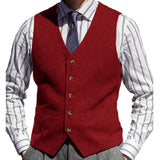 Riolio  Men Vest Brown Herringbone Solid Color V Neck Waistcoat For Wedding Business Banquet Work Formal Daily Casual Men Suit Vest