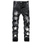 Riolio Slim Fit Elastic Black Cotton Embroidered Leather Label With Broken Hole Star Fashion Men's Jeans