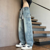 Riolio  Straight Leg Jeans Elastic Waist 2025 New Patchwork Design Utility Cargo Pants Men Big Side Pockets Autumn Workwear Trousers