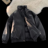 Riolio  Winter men and women trendy and personalized PU leather jacket for couples loose and thick motorcycle suit stand up collar top