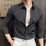Riolio  Men Striped Shirt Spring Summer Slim Fit Casual Non Iron Long Sleeve Business