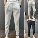 Riolio Men Harem Pants Striped Drawstring Elastic Waist Slim Fit Streetwear Spring Autumn Stretch Ankle Tied Pencil Pants for Daily