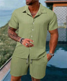 Riolio New style Summer Men's Fashion Beach Suit Outdoor Sports Casual Shirt Solid color Loose Short Sleeve Shorts Beach two-piece