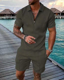 Riolio Men's Athletic T-Shirt Set Casual Mesh Lapel Short Sleeve Pullover Tops+Shorts 2-Piece Male Solid Thin Sporty Suits Black Zipper