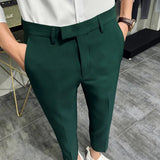 Summer Fashion Mens Dark Green Suit Pants Pure Color Business Occupation Slim Fit Dress Office Ankle Trousers