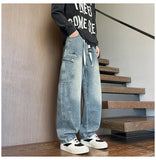 Riolio  Straight Leg Jeans Elastic Waist 2025 New Patchwork Design Utility Cargo Pants Men Big Side Pockets Autumn Workwear Trousers