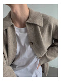 Riolio New Korean Fashion Men Cardigan Jacket Light Luxury Knitted Polo Neck Long Sleeve Sweater Coat Casual Retro Solid Color Knitwear