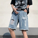 Riolio  New Ripped Denim Shorts Men's High Street Straight Leg Fringed Five Quarter Pants