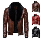 Riolio Red Men's Punk Removable Fur Collar Rivets Pressed Cotton Thick Windproof Motorcycle Leather Jacket Jacket