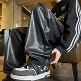 Riolio  Autumn Winter Men's PU Leather Motorcycle Pants Coffee/Black Men Wide-leg Mopping Trousers All-match Windproof Plus Size 8XL-M