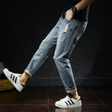 Riolio New Men's Jeans Ripped Cropped Pants Straight Leg Foot Turn-up Pants