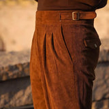 Riolio  Mens Gurkha Trousers Corduroy Side Buckle Adjustable Waist Casual Suit Pants Autumn Business All-Match Straight Pants Men'S Wear