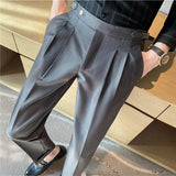 Riolio British Style Men High Waist Casual Business Dress Pants Streetwear New Fashion Social Belt Decoration Slim Fit Suit Pants