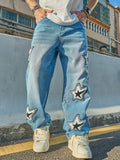 Riolio  American Retro Letter and Star Embroidered Jeans with a Street-Style Niche Design, Loose Wide-Leg Versatile Scimitar Pants, Trendy