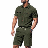 Riolio  Men's Summer Suit Amazon Corduroy Solid Pocket Shirt Short Sleeve Shorts Suit