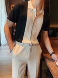 Riolio  Summer Casual Slim Short Sleeve Polos Mens Shirt Fashion Knitted Striped Patchwork Shirts Men Turndown Collar Buttoned Tops