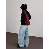 Riolio Summer Blue Men's Jeans High Waist Baggy Casual Vintage Y2K Trend Straight Cargo Pants Street American Wide Leg Denim Trouser