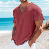 Riolio  Summer Fashion Men Cotton Linen Shirts Vintage Solid Casual Loose Tassel Tops V-neck T-shirts Short Sleeve Tees Shirts For Male
